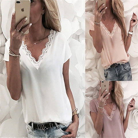 Blusa de mujer Tops Casual manga corta con Encaje cuello V