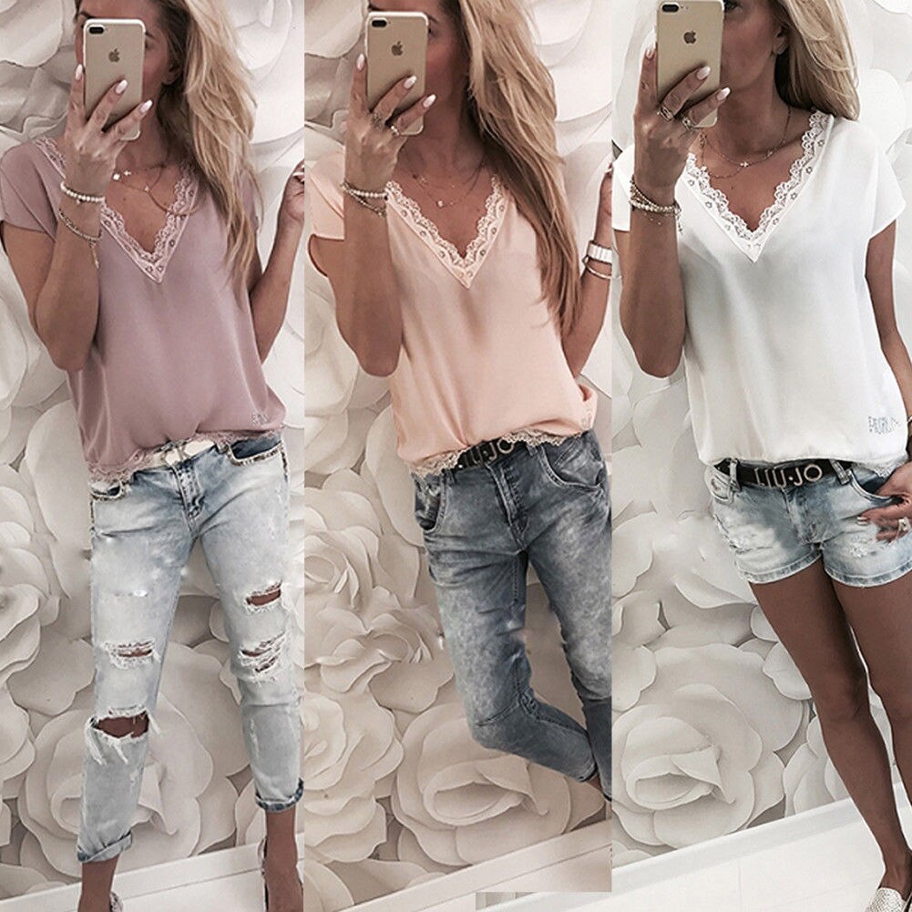 Blusa de mujer Tops Casual manga corta con Encaje cuello V